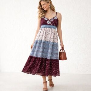 Patchwork Midi Dress Size 12 | Boho Floral Tiered Sundress Burgundy Blue
